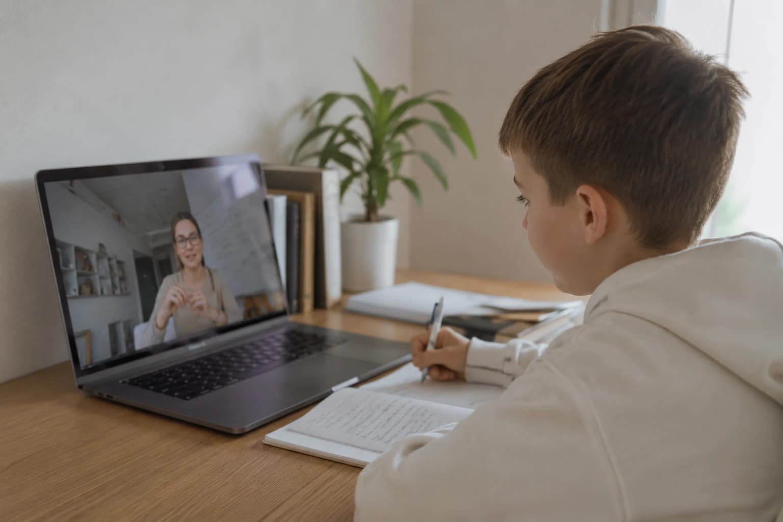 Uczeń robi notatki przy biurku, na ekranie laptopa nauczycielka prowadzi lekcję